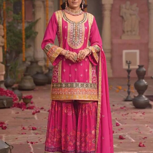 Designer Pakistani Palazzo Style Suit in Hot Pink - Picture 2 of 2